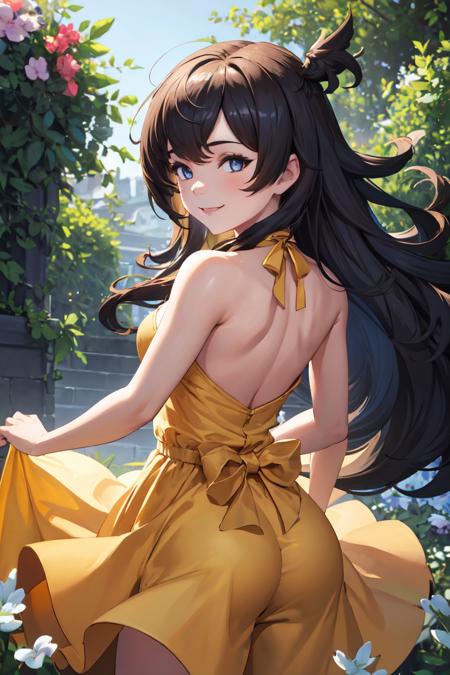 2501654-1158851343-masterpiece, best quality, absurdres, perfect anatomy, 1girl, solo, Malluel, from behind, (yellow sundress), garden, day, sunshi.png